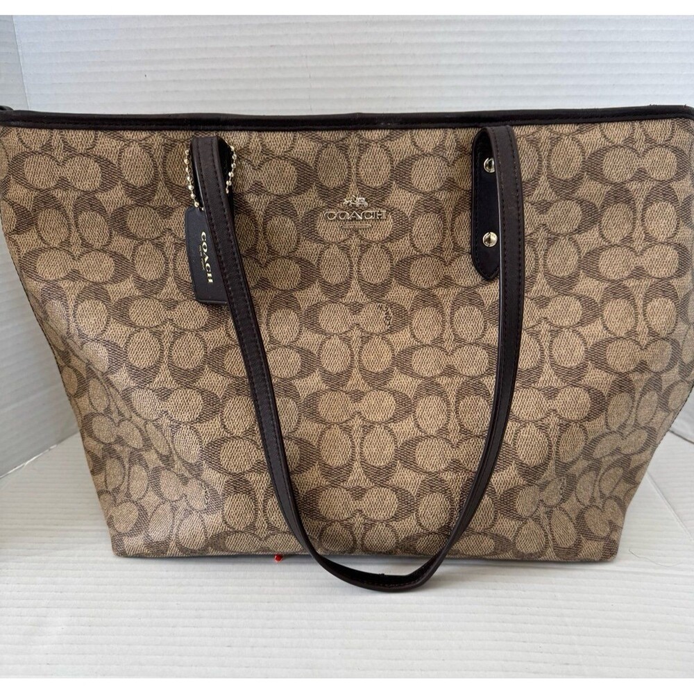 Coach City Tote Signature Leather Canvas Tote 5696 Shoulder Bag Purse Brown
